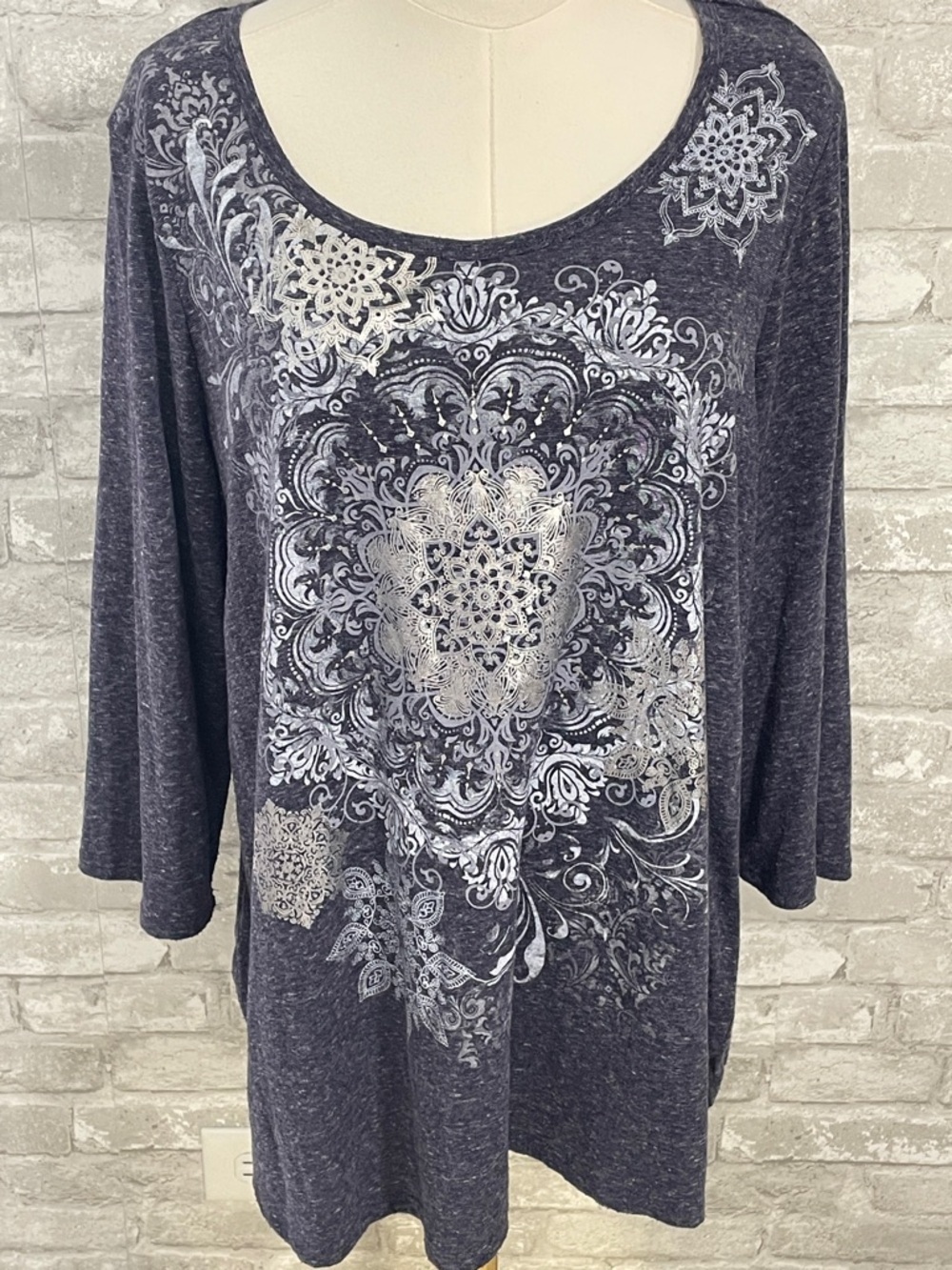 Avenue Long Sleeve Scoop Neck Top with Silver Medallion Design